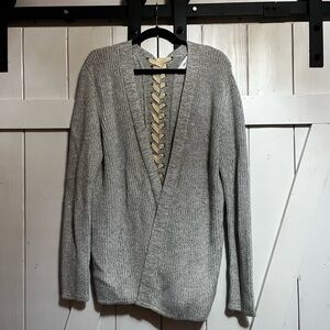 John + Jenn Light Gray Knit Sweater with Lace-Up Detail